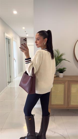 Yenwi Krem Bordo Şerit Detaylı Cepli Hırka