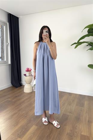 Yerta Mavi Boyun Detaylı Maxi Elbise