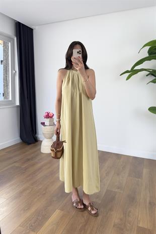 Yerta Sarı Boyun Detaylı Maxi Elbise