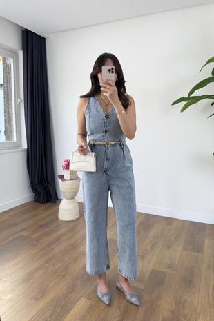 Yeska Buz Mavi Denim Kuşaklı Tulum