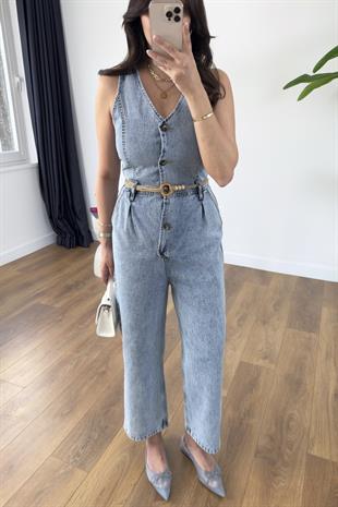 Yeska Buz Mavi Denim Kuşaklı Tulum