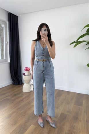 Yeska Buz Mavi Denim Kuşaklı Tulum