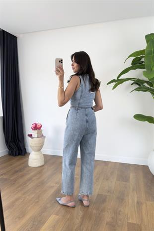 Yeska Buz Mavi Denim Kuşaklı Tulum