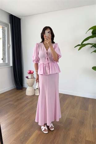 Yeta Pembe Bağlama Detay Bluz Etek Keten Takım
