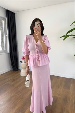 Yeta Pembe Bağlama Detay Bluz Etek Keten Takım