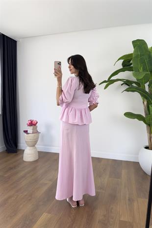 Yeta Pembe Bağlama Detay Bluz Etek Keten Takım