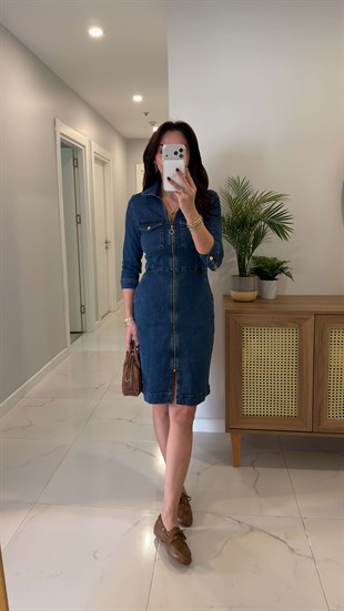 Yetara Lacivert Fermuarlı Denim Elbise