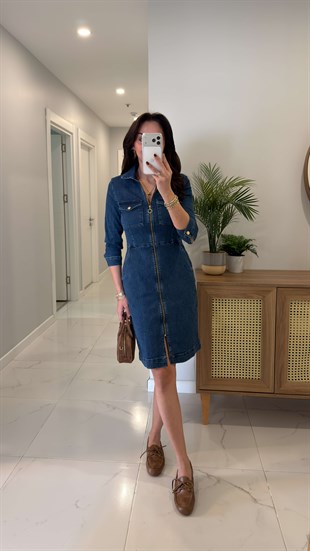 Yetara Lacivert Fermuarlı Denim Elbise