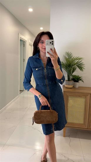 Yetara Lacivert Fermuarlı Denim Elbise