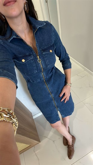 Yetara Lacivert Fermuarlı Denim Elbise