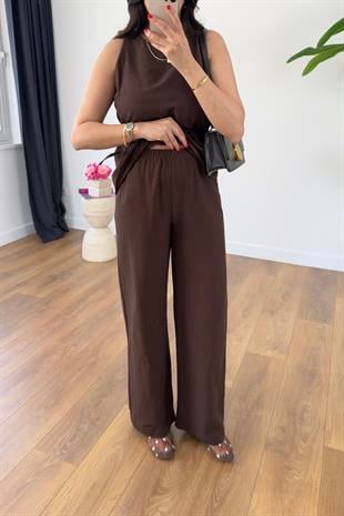 Yilaha Kahve Asimetrik İpli Bluz Pantolon Takım