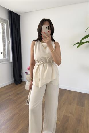Yilaha Taş Asimetrik İpli Bluz Pantolon Takım