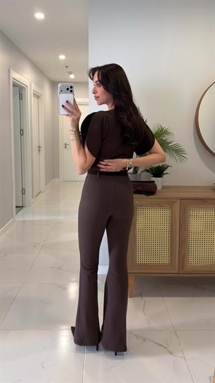 Yilla Kahve Gabardin Kemerli İspanyol Pantolon