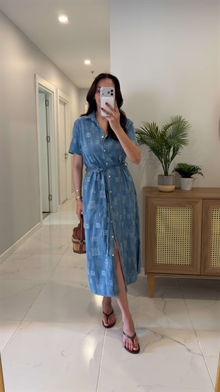Yogas Mavi Kuşaklı Kısa Kollu Denim Elbise