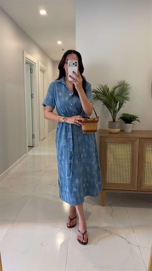 Yogas Mavi Kuşaklı Kısa Kollu Denim Elbise