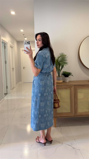 Yogas Mavi Kuşaklı Kısa Kollu Denim Elbise
