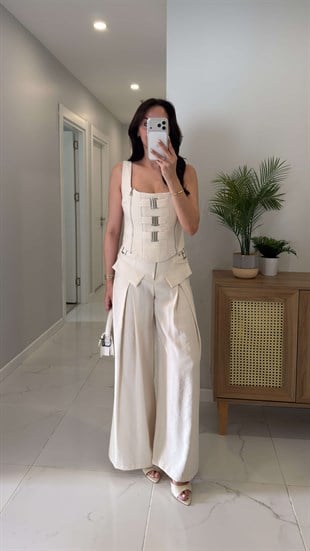 Yogsy Ekru Metal Detaylı Bluz Pantolon Takım