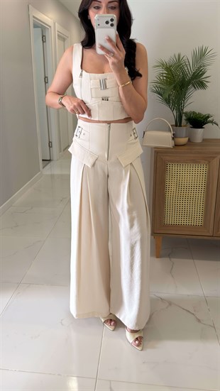 Yogsy Ekru Metal Detaylı Bluz Pantolon Takım