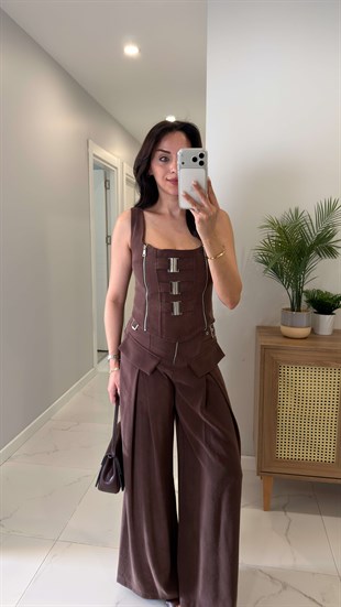 Yogsy Kahve Metal Detaylı Bluz Pantolon Takım