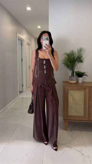 Yogsy Kahve Metal Detaylı Bluz Pantolon Takım