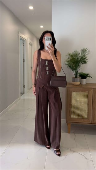 Yogsy Kahve Metal Detaylı Bluz Pantolon Takım