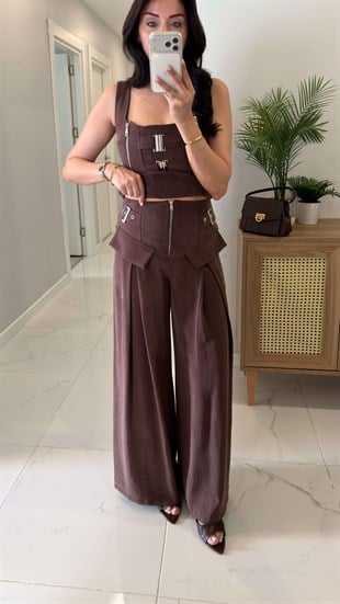 Yogsy Kahve Metal Detaylı Bluz Pantolon Takım