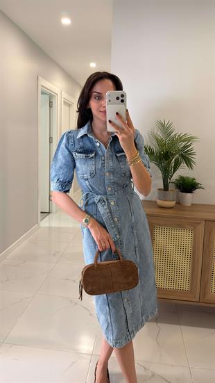 Yonasra  Mavi Kar Yıkama Kuşaklı Kısa Kollu Denim Elbise