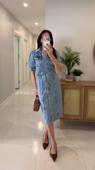 Yonasra  Mavi Kar Yıkama Kuşaklı Kısa Kollu Denim Elbise