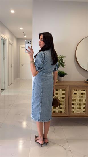 Yonasra  Mavi Kar Yıkama Kuşaklı Kısa Kollu Denim Elbise