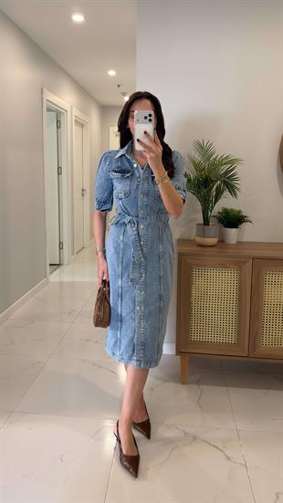 Yonasra  Mavi Kar Yıkama Kuşaklı Kısa Kollu Denim Elbise
