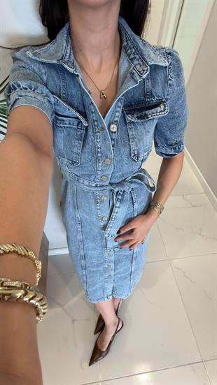 Yonasra  Mavi Kar Yıkama Kuşaklı Kısa Kollu Denim Elbise