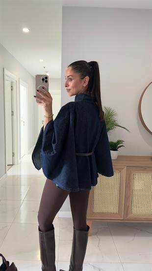 Yonra Dark Blue Kemerli Panço Ceket