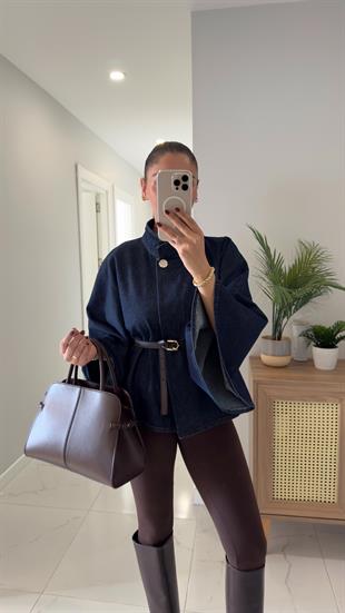 Yonra Dark Blue Kemerli Panço Ceket