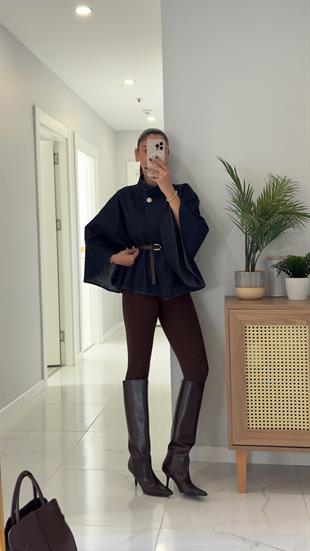 Yonra Dark Blue Kemerli Panço Ceket