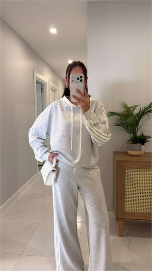 Yotte Gri Şeritli Kapüşonlu Sweat Pantolon Takım