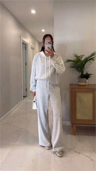 Yotte Gri Şeritli Kapüşonlu Sweat Pantolon Takım