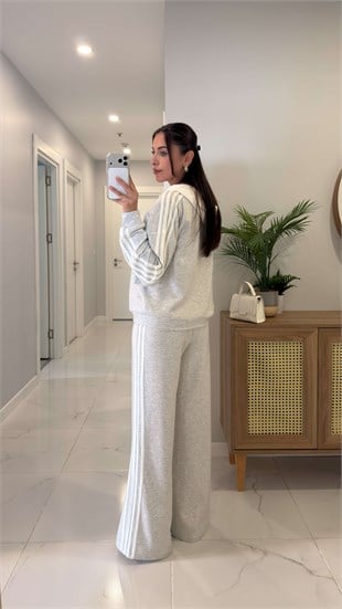 Yotte Gri Şeritli Kapüşonlu Sweat Pantolon Takım
