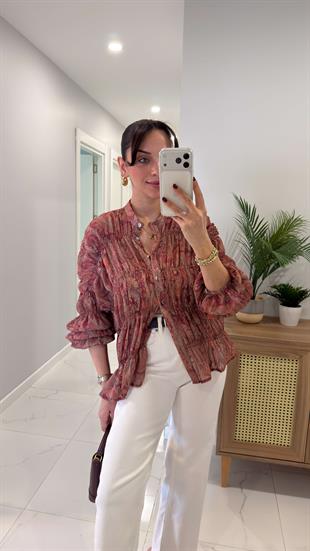 Yubsy Kiremit Etnik Desenli Gömlek