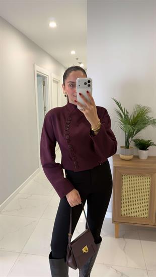 Yugas Bordo Düğme Detaylı Kısa Ceket