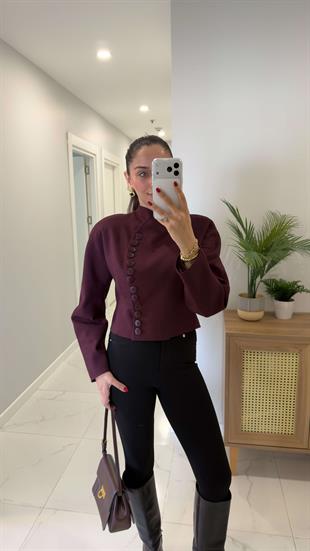 Yugas Bordo Düğme Detaylı Kısa Ceket