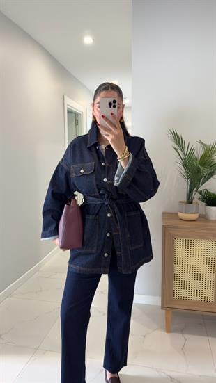 Yuggy Dark Blue Cep Detaylı Kuşaklı Denim Ceket