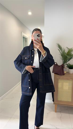 Yuggy Dark Blue Cep Detaylı Kuşaklı Denim Ceket