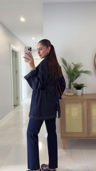 Yuggy Dark Blue Cep Detaylı Kuşaklı Denim Ceket