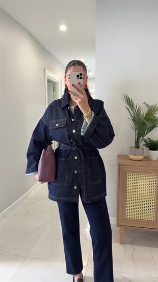 Yuggy Dark Blue Cep Detaylı Kuşaklı Denim Ceket