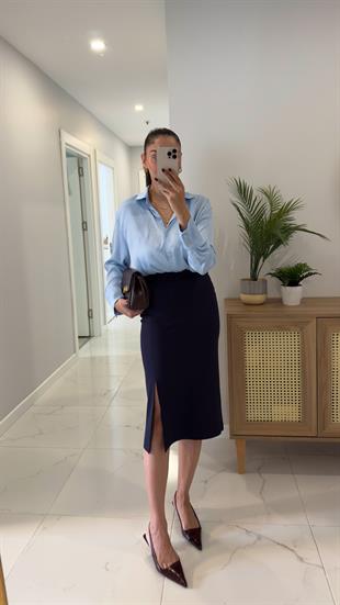 Yuka Lacivert Yandan Yırtmaçlı Etek