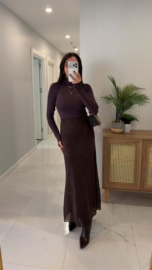 Yunna Kahve Desenli Astarlı Etek