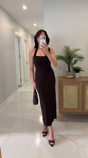 Yupore Kahve Halter Yaka Elbise