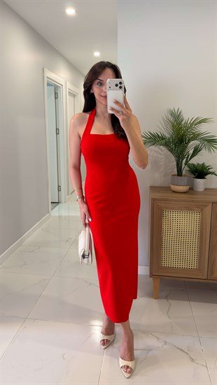 Yupore Kırmızı Halter Yaka Elbise