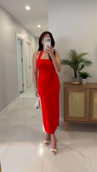 Yupore Kırmızı Halter Yaka Elbise