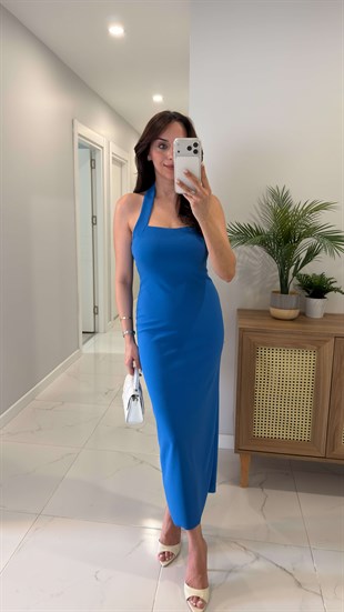 Yupore Saks Mavi Halter Yaka Elbise